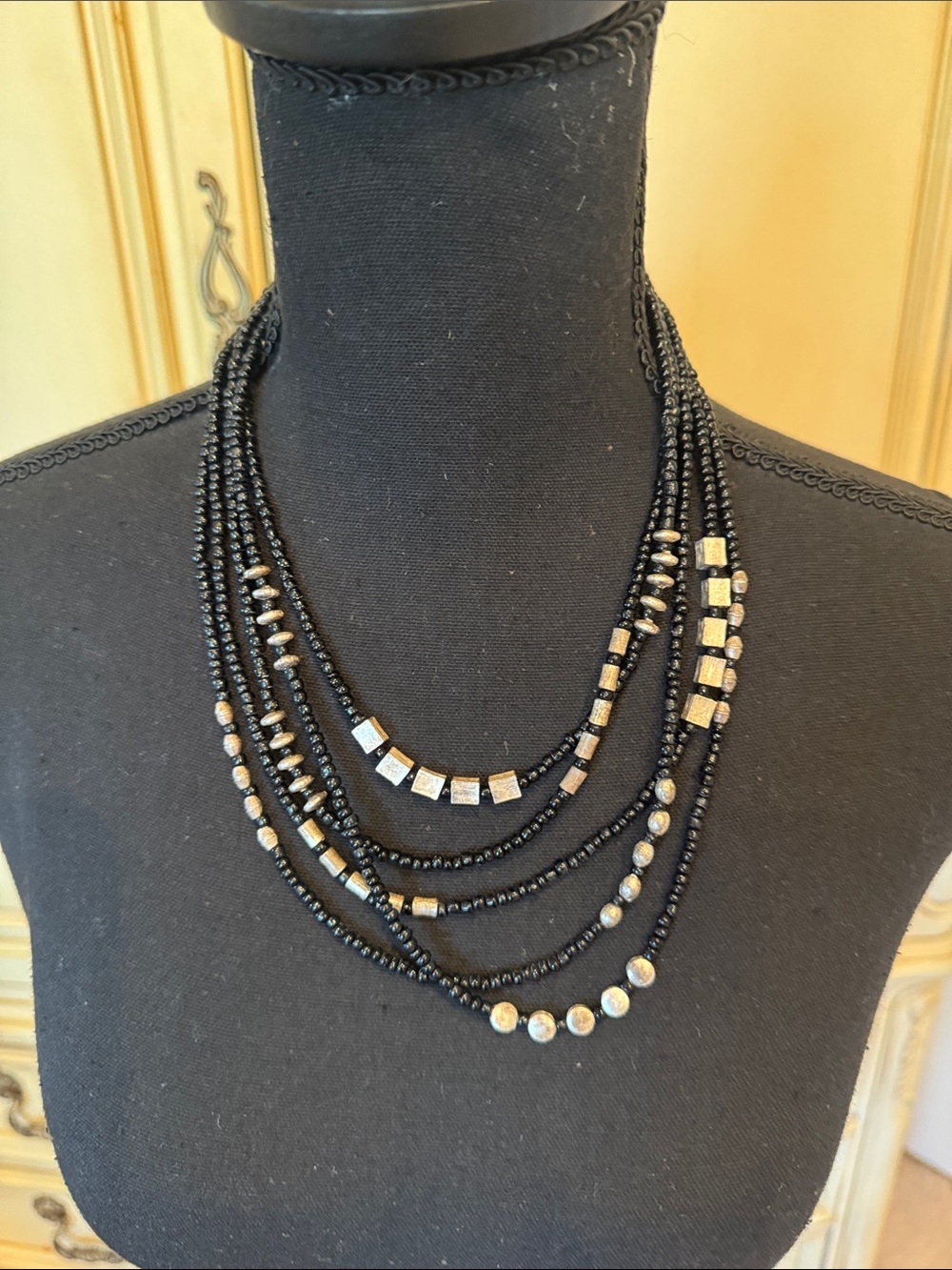 Chico's Multi-Strand Black Beaded Necklace with Gold Accents